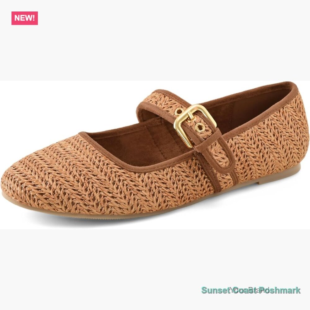 Raffia Ballet Flats Round Toe Woven Mary Jane Shoes Buckle Strap